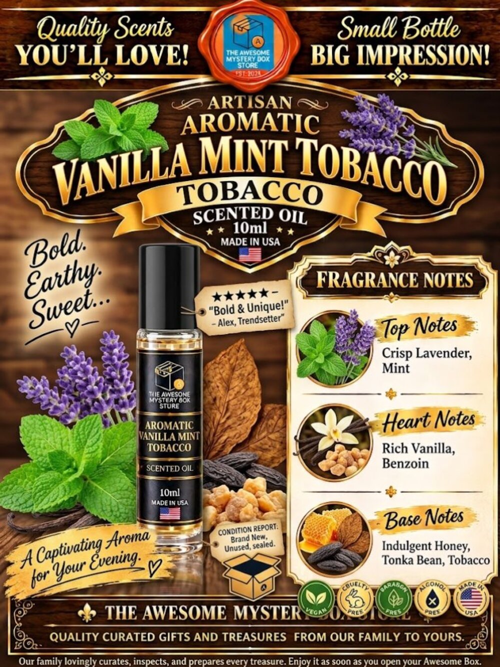 Artisan Aromatic Vanilla Mint Tobacco Scented Oil 10ml Glass Roll-On Made in USA